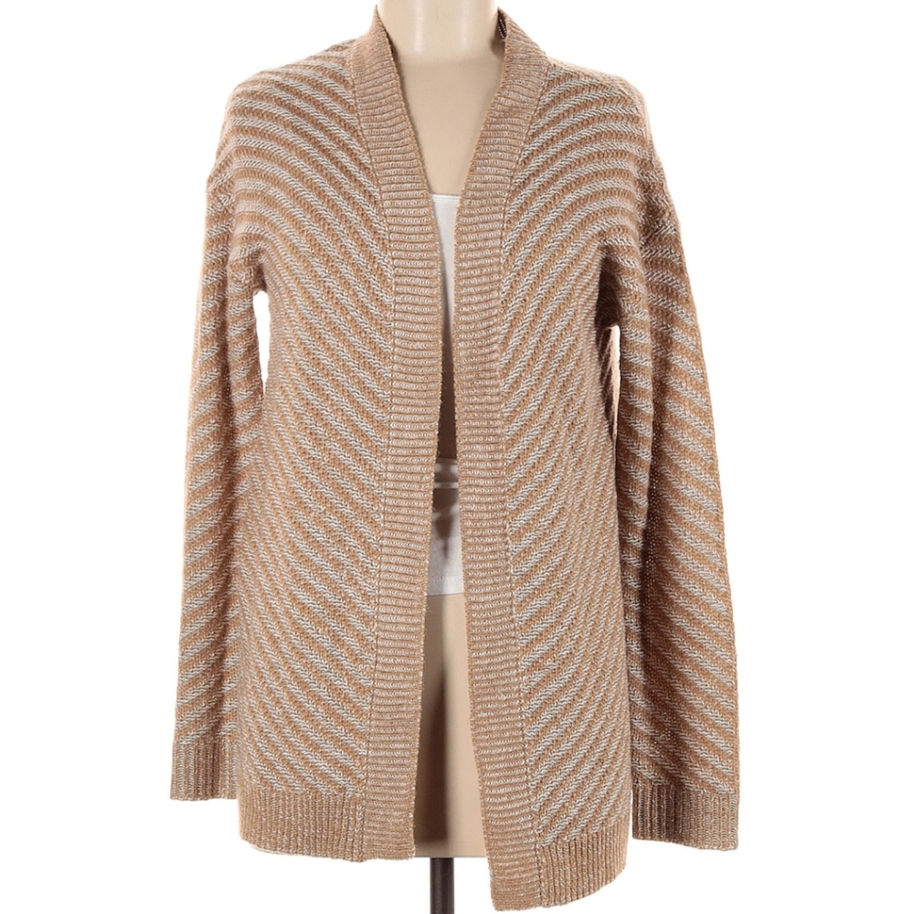 Women's Cardigan Sweater Open Front Beige  Tan White Striped Small - Medium